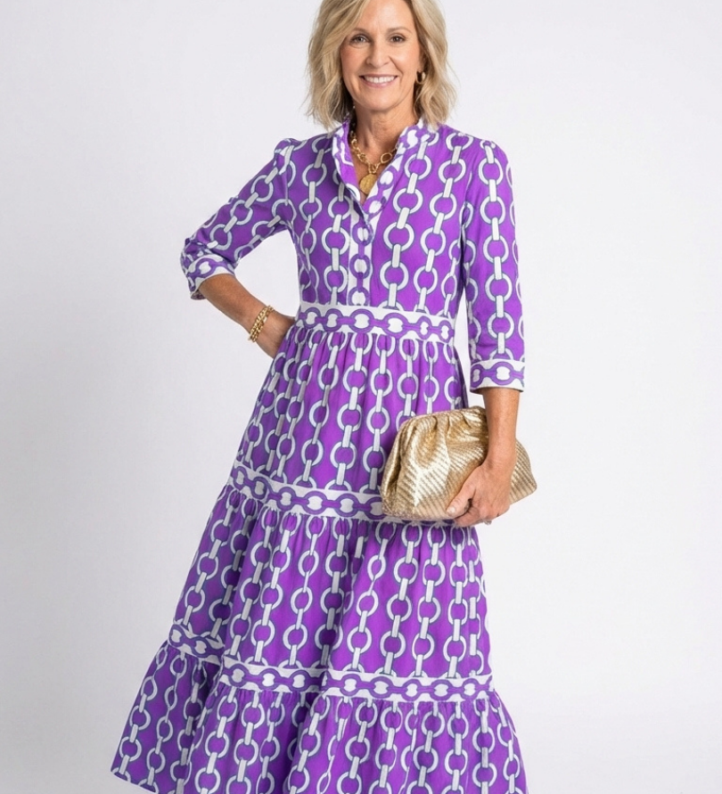 Pauline | Vestido midi de mangas três quartos e padrão de corrente