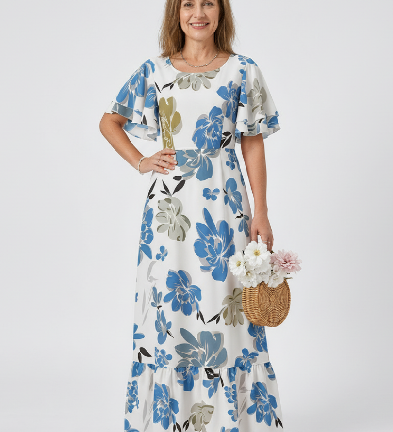 Nathalie | Vestido maxi de mangas curtas e decote redondo