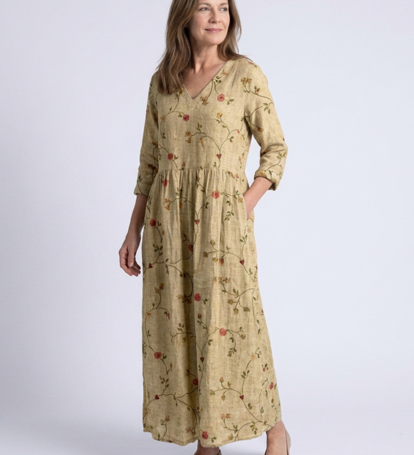 Valérie | Vestido maxi floral com decote em V e mangas três quartos