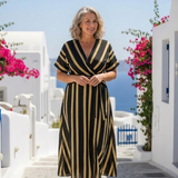 Élisa | Vestido midi às riscas com decote em V e mangas curtas