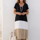 Valentine | Vestido midi com decote em V e mangas curtas bicolor