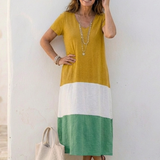 Valentine | Vestido midi com decote em V e mangas curtas bicolor
