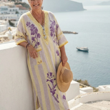 Iris | Vestido maxi às riscas florais com decote em V e mangas semi-longas