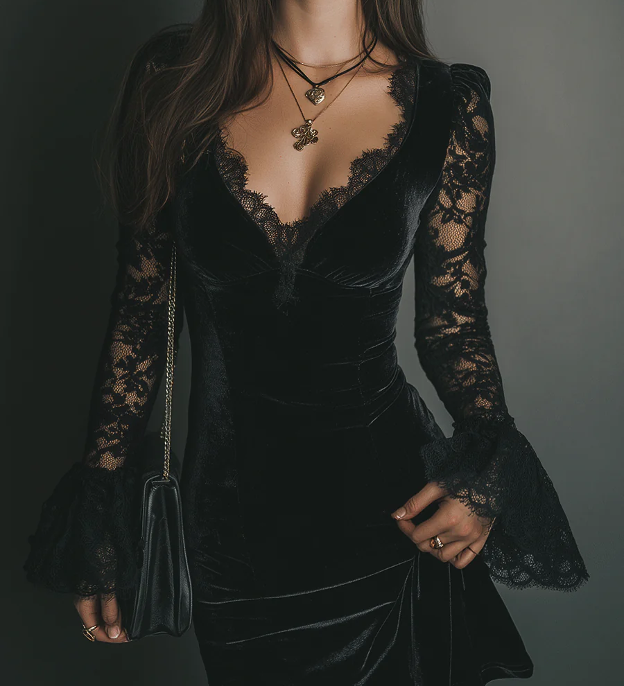 Mélanie | Vestido Mini em Veludo & Renda Luna
