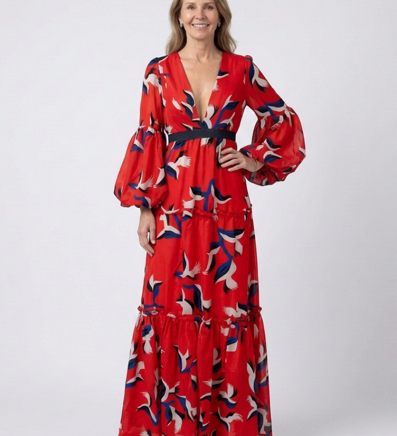 Léa | Vestido maxi de mangas longas e cintura atada