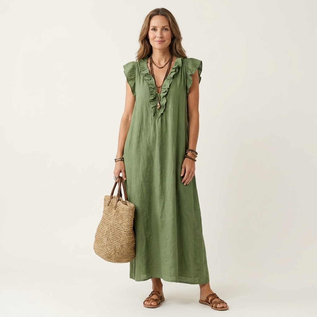 Josette | Vestido Maxi de Linho com Renda em V